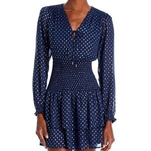 AQUA Blue and Silver Ruffled Long Sleeve Mini Dress Size Medium Bloomingdale’s